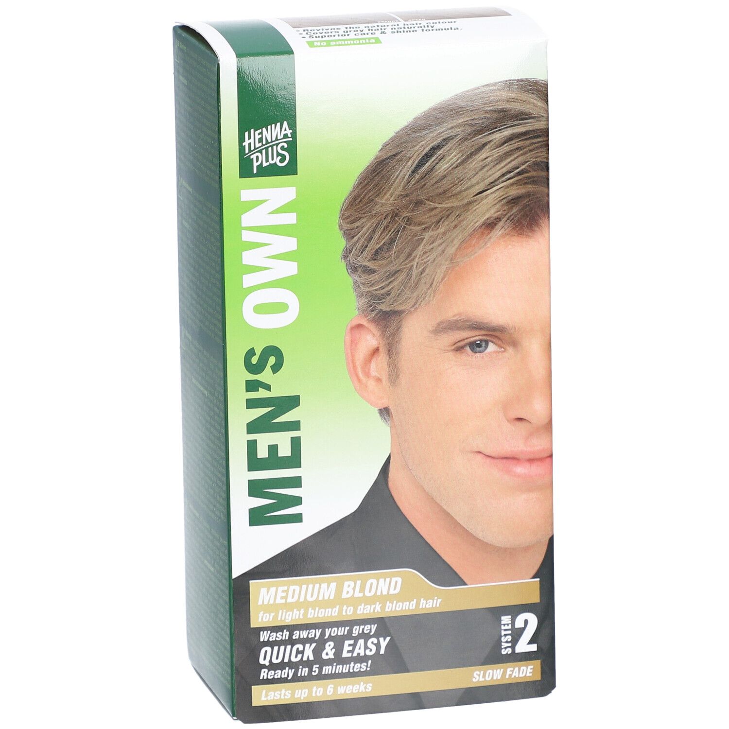 Boîte HENNA PLUS MEN'S OWN blond moyen. Face avant avec texte et image d'un homme. Texte: MEDIUM BLOND, Quick & Easy, Système 2.