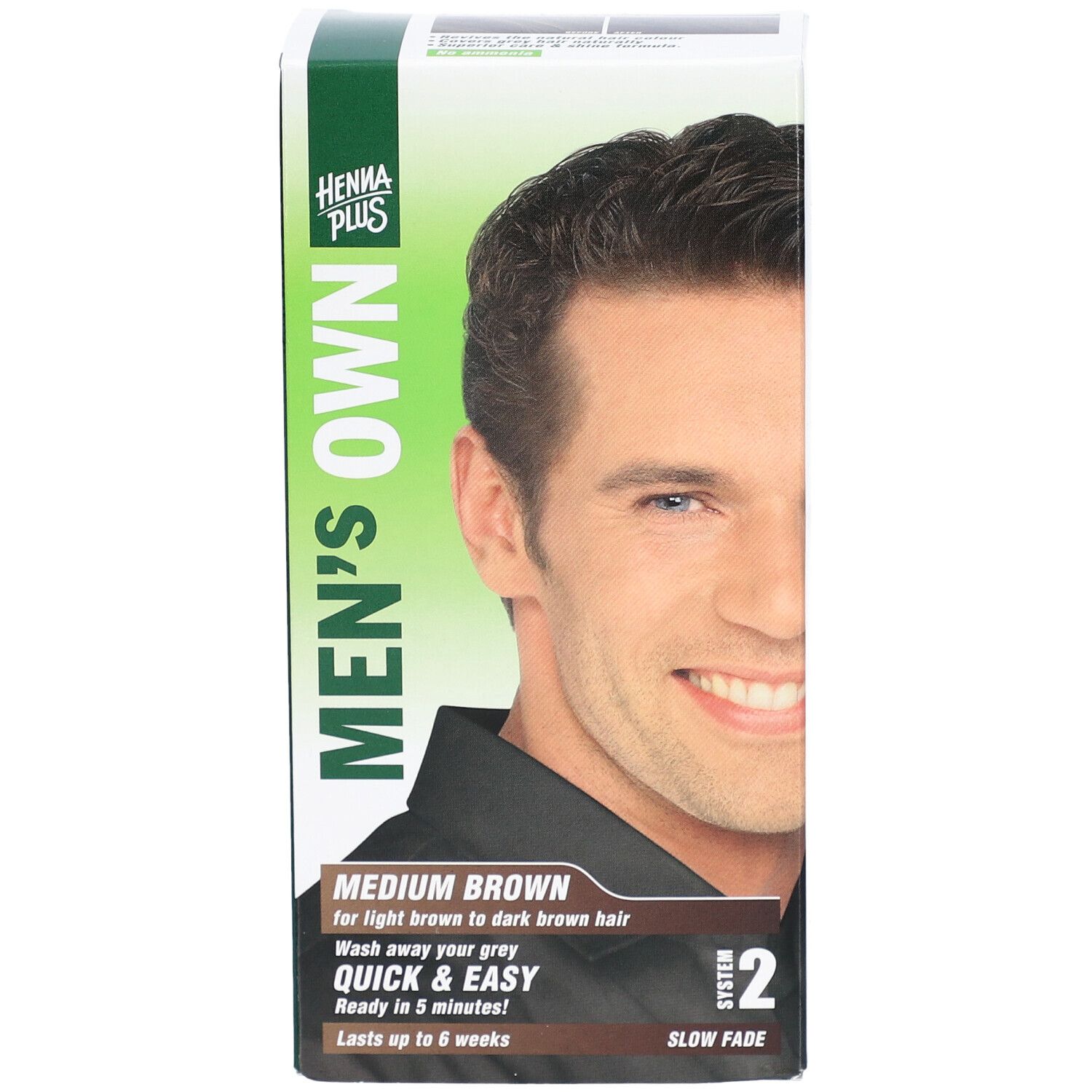 Boîte HENNA PLUS Men's Own. Face avant avec homme et informations: brun moyen, rapide & facile. Système 2.