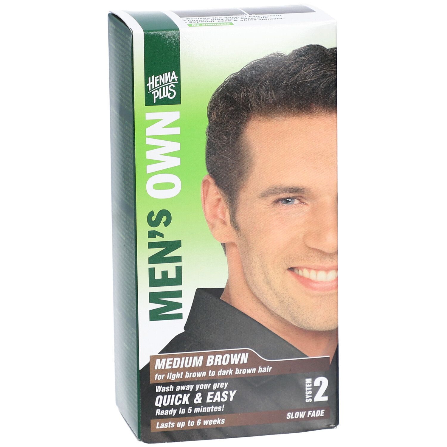 Boîte HENNA PLUS Men's Own. Face avant avec homme et informations: brun moyen, rapide & facile. Système 2.