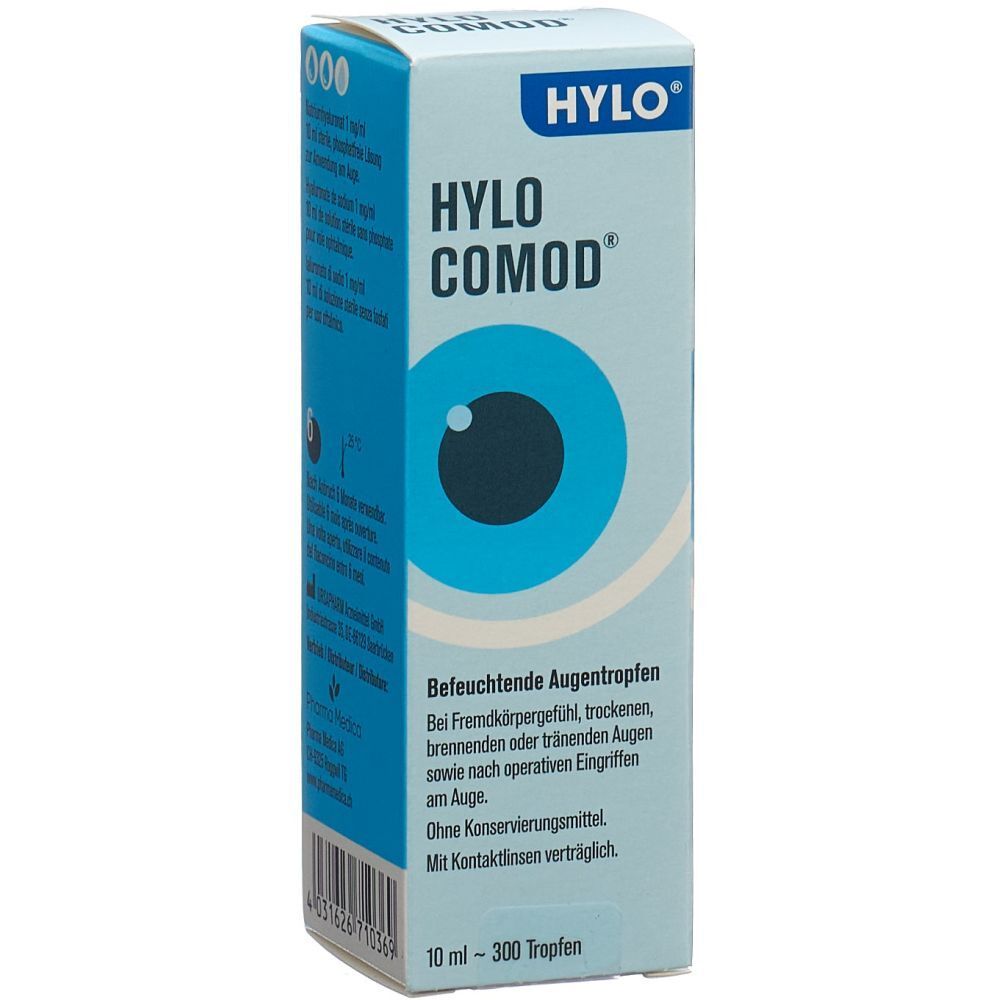 Boîte HYLO COMOD. Emballage bleu avec symbole d'œil. Texte: Collyre hydratant. 10 ml.