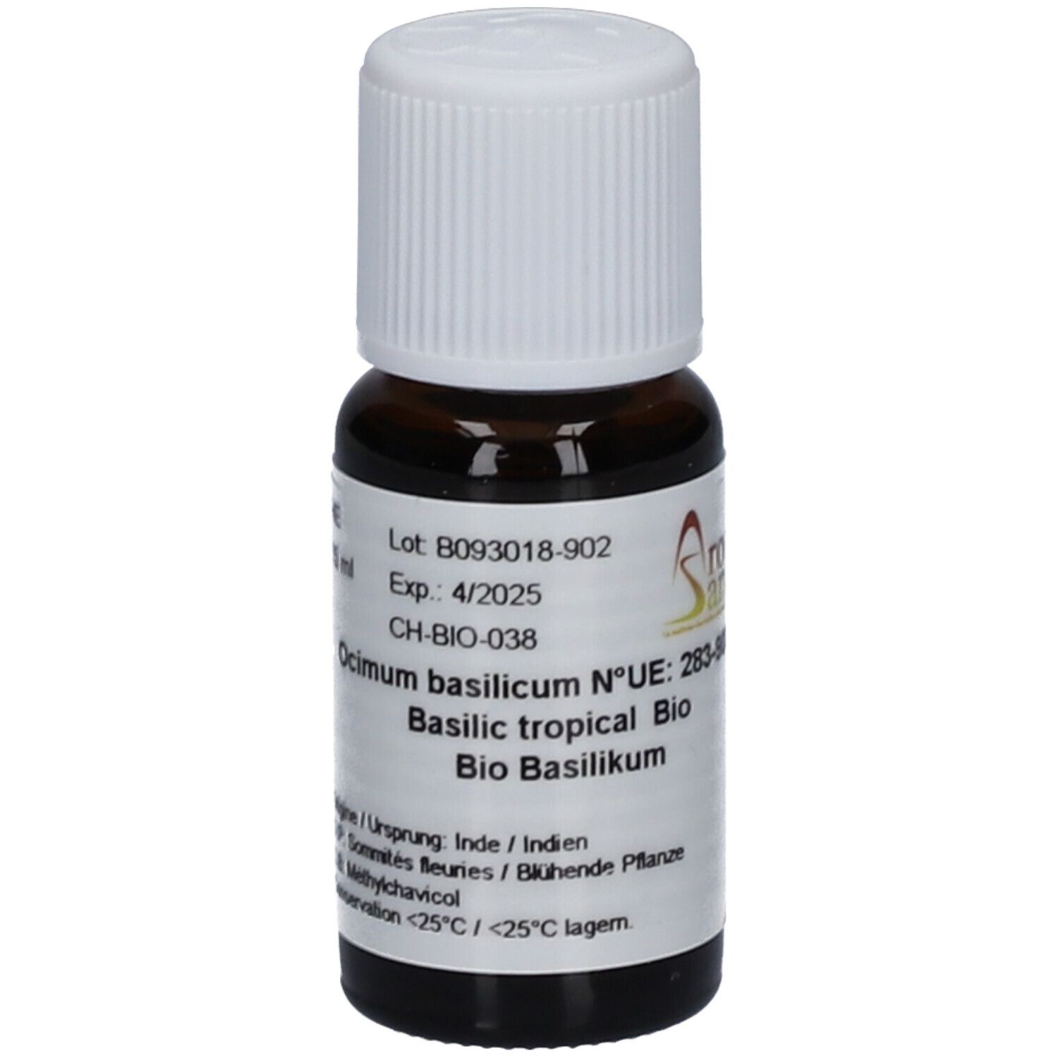 Flacon en verre brun avec bouchon blanc. Étiquette avec texte: Ocimum basilicum, Basilic tropical Bio. Numéro de lot et date d'expiration.