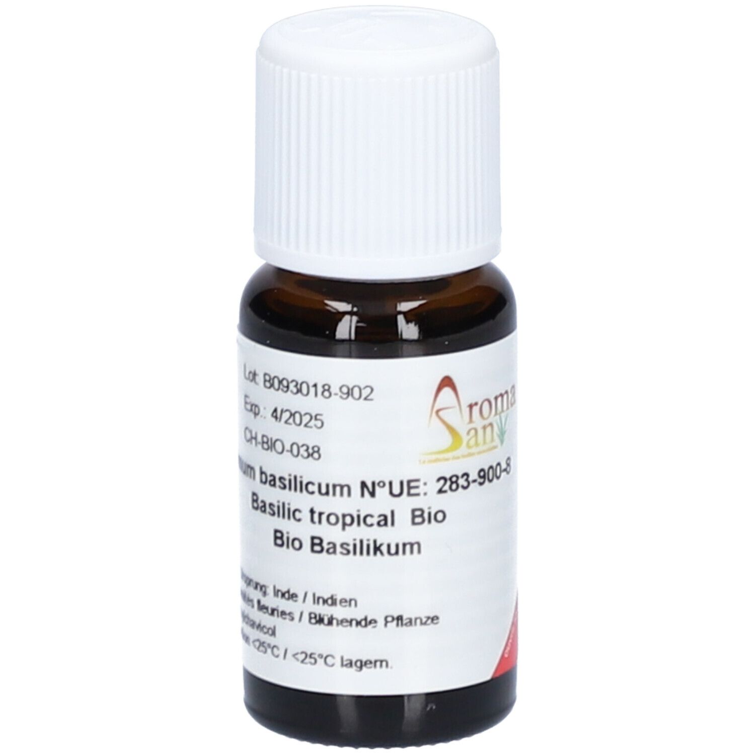 Flacon en verre brun avec bouchon blanc. Étiquette avec texte: Ocimum basilicum, Basilic tropical Bio. Numéro de lot et date d'expiration. Logo AromaSan.
