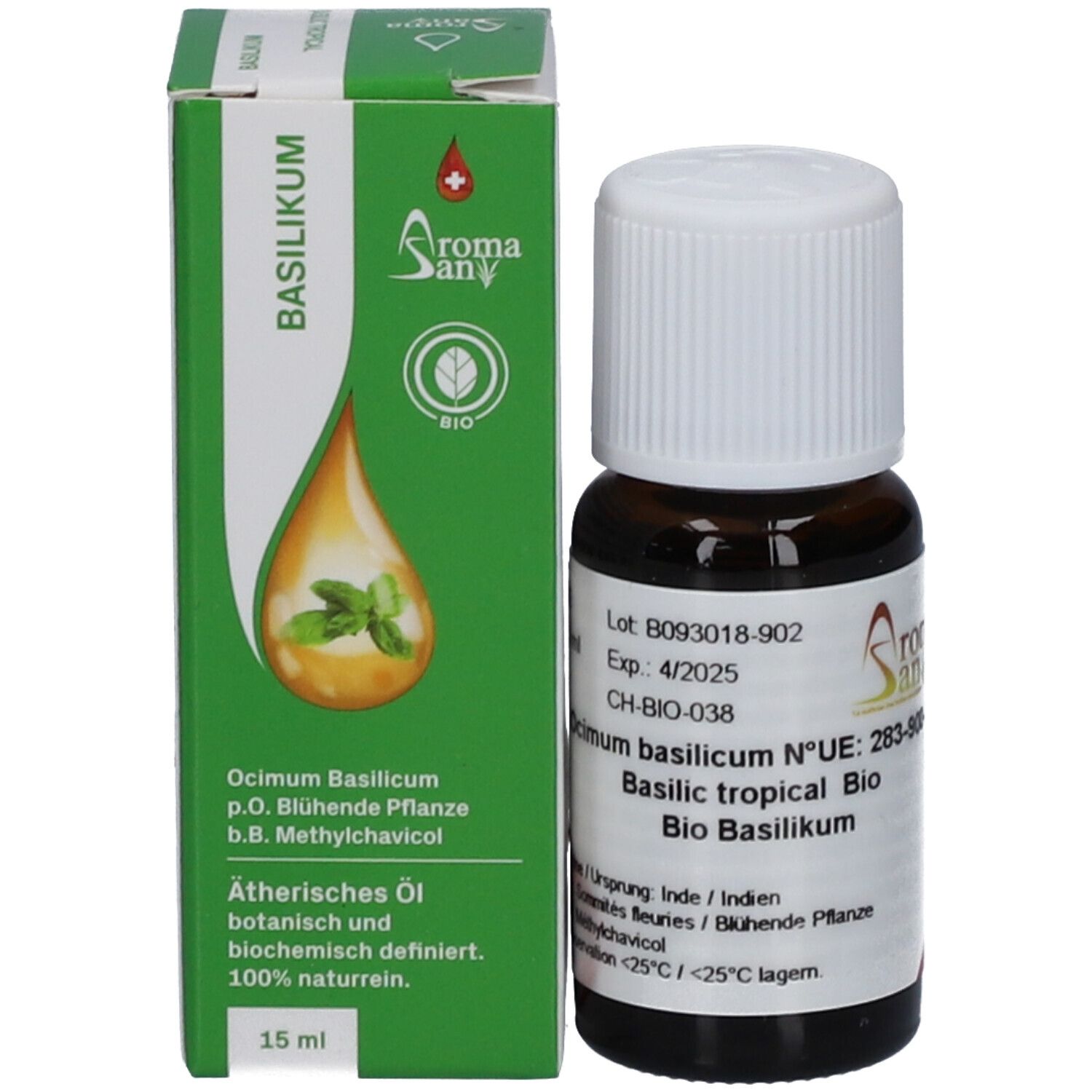 Flacon en verre brun avec bouchon blanc à côté d'une boîte verte. Boîte avec texte: Basilic, Huile essentielle. 15 ml. Label Bio.