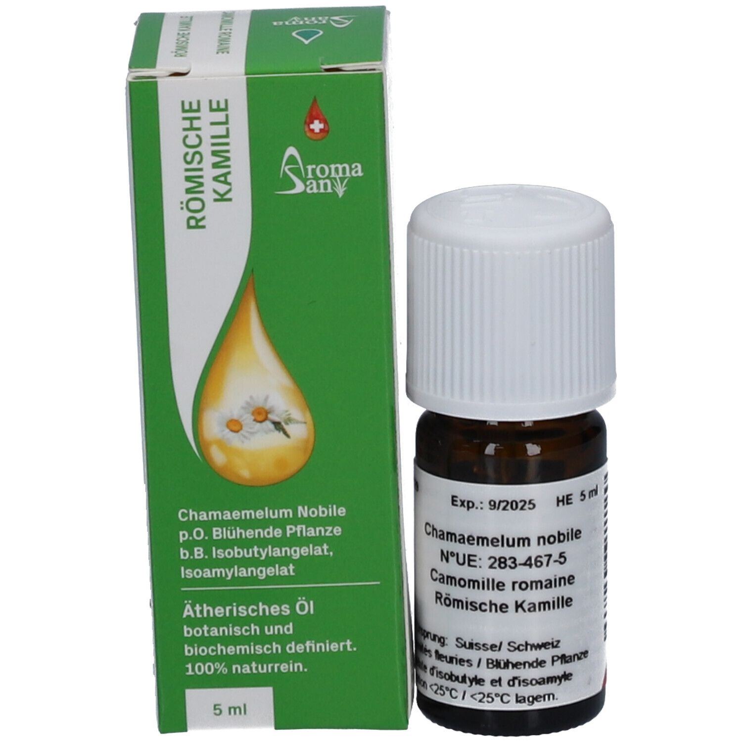 Flacon en verre brun avec bouchon blanc à côté d'une boîte verte. Boîte avec texte: Römische Kamille, AromaSan. 5 ml.