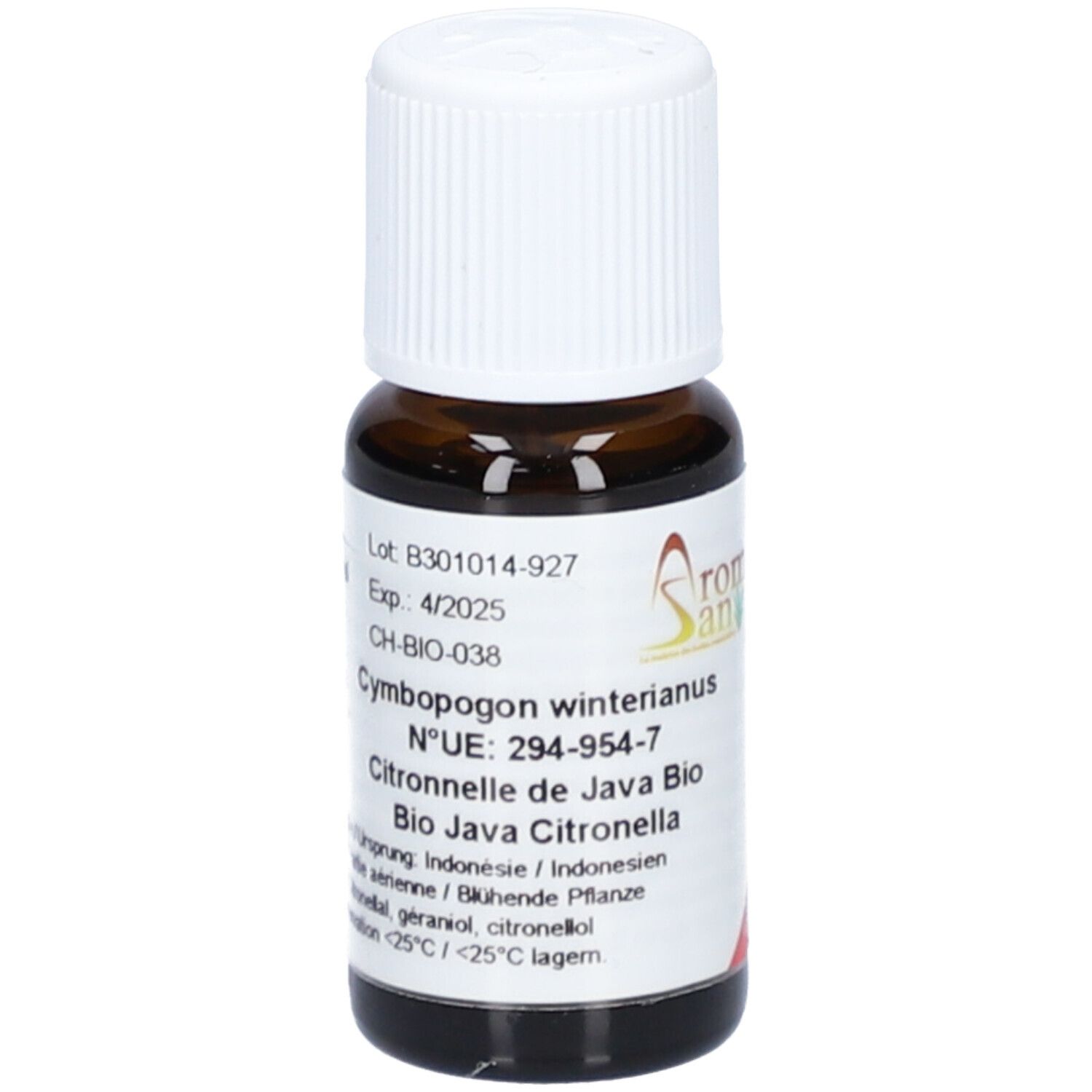 Flacon en verre brun avec bouchon à vis blanc. Étiquette avec informations produit. Marque : Aromasan. Contient de l'huile essentielle Citronella java bio.