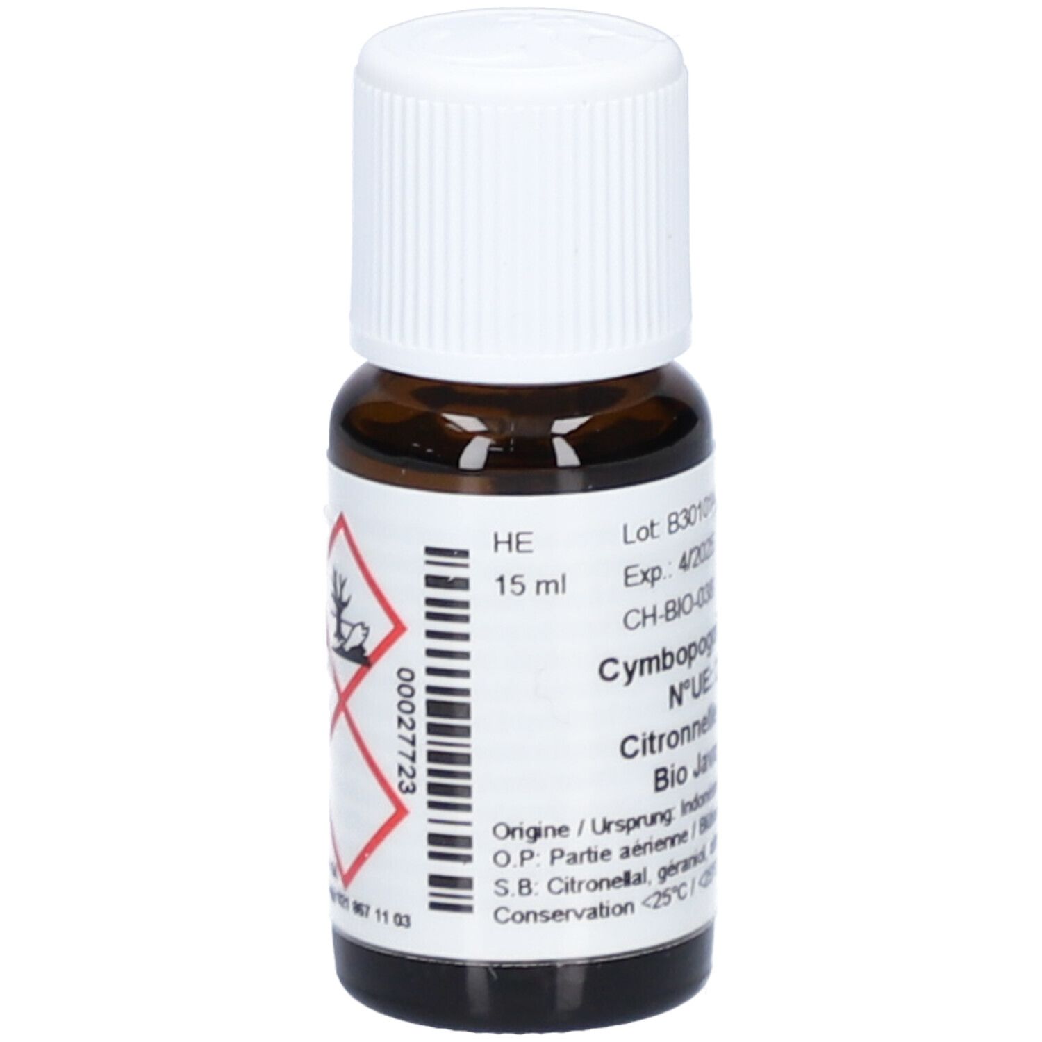 Flacon en verre brun avec bouchon à vis blanc. Étiquette avec informations produit et symboles de danger. Contient 15 ml. Marque : Aromasan.