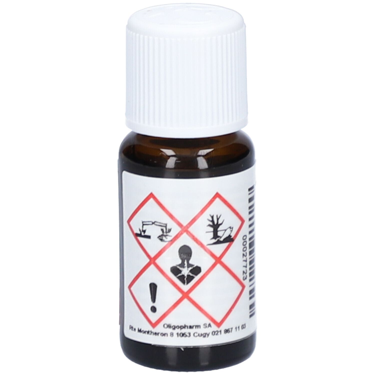 Flacon en verre brun avec bouchon à vis blanc. Étiquette avec symboles de danger. Marque : Oligopharm SA. Contient de l'huile essentielle Citronella java bio.