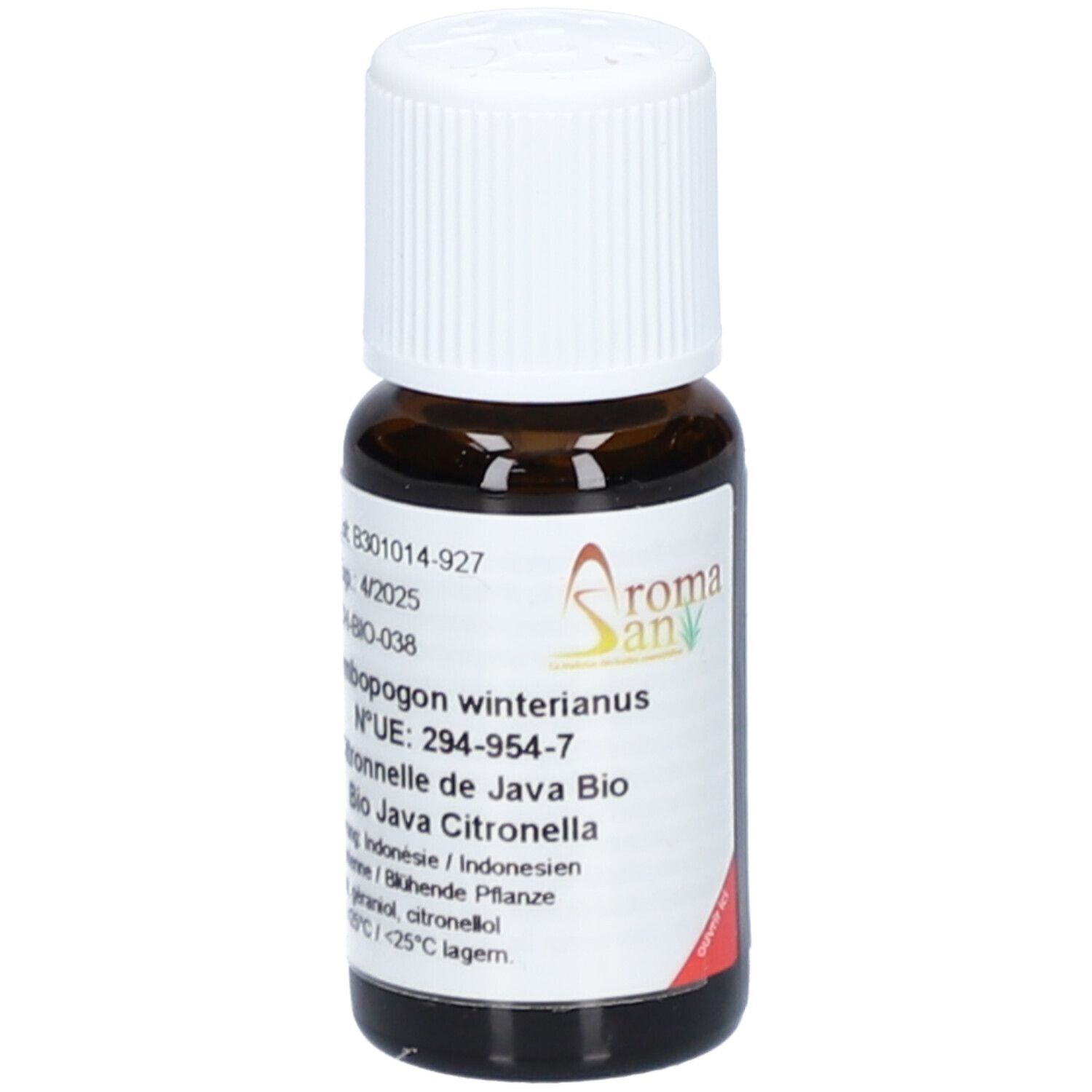 Flacon en verre brun avec bouchon à vis blanc. Étiquette avec informations produit. Marque : Aromasan. Contient de l'huile essentielle Citronella java bio.