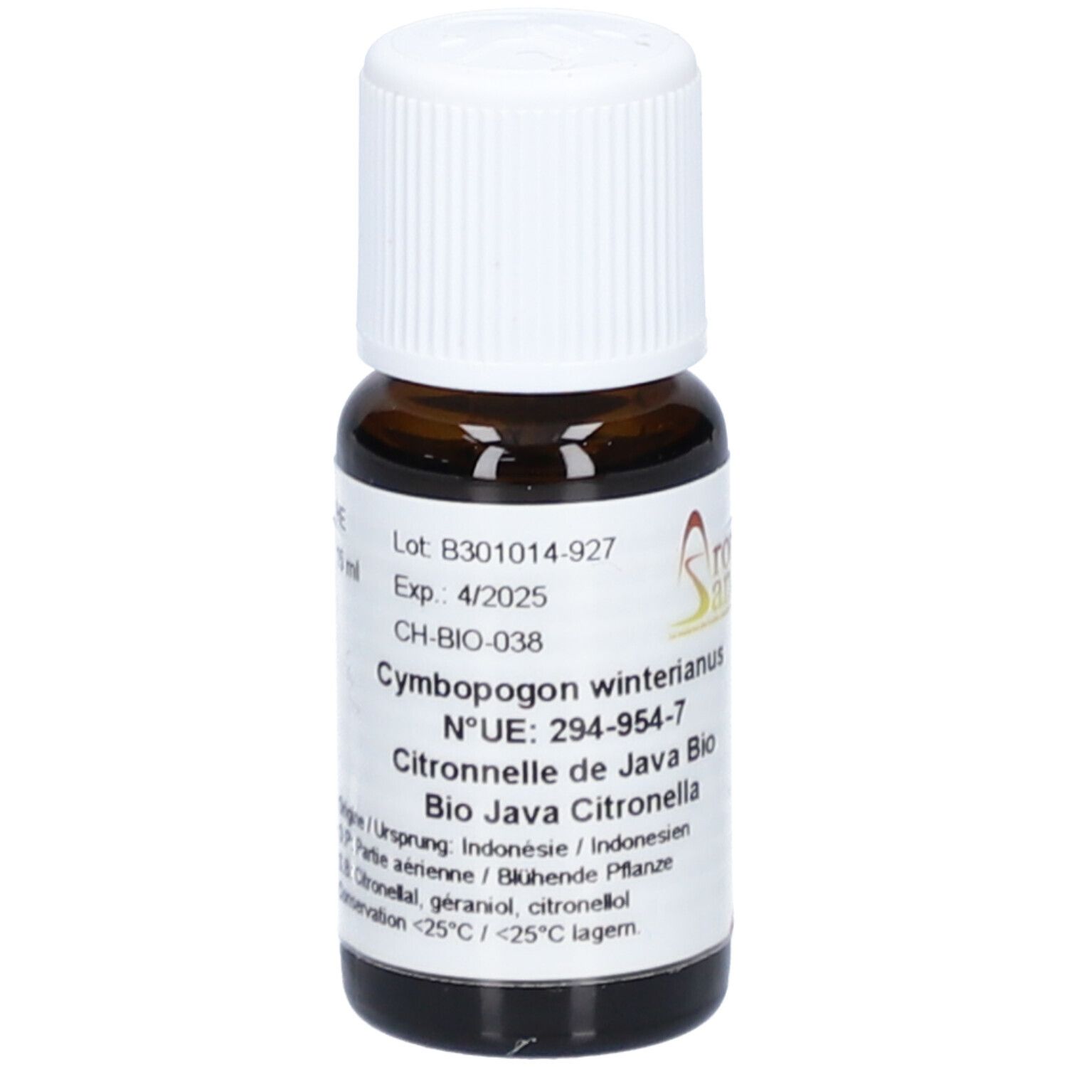 Flacon en verre brun avec bouchon à vis blanc. Étiquette avec informations produit. Marque : Aromasan. Contient de l'huile essentielle Citronella java bio.