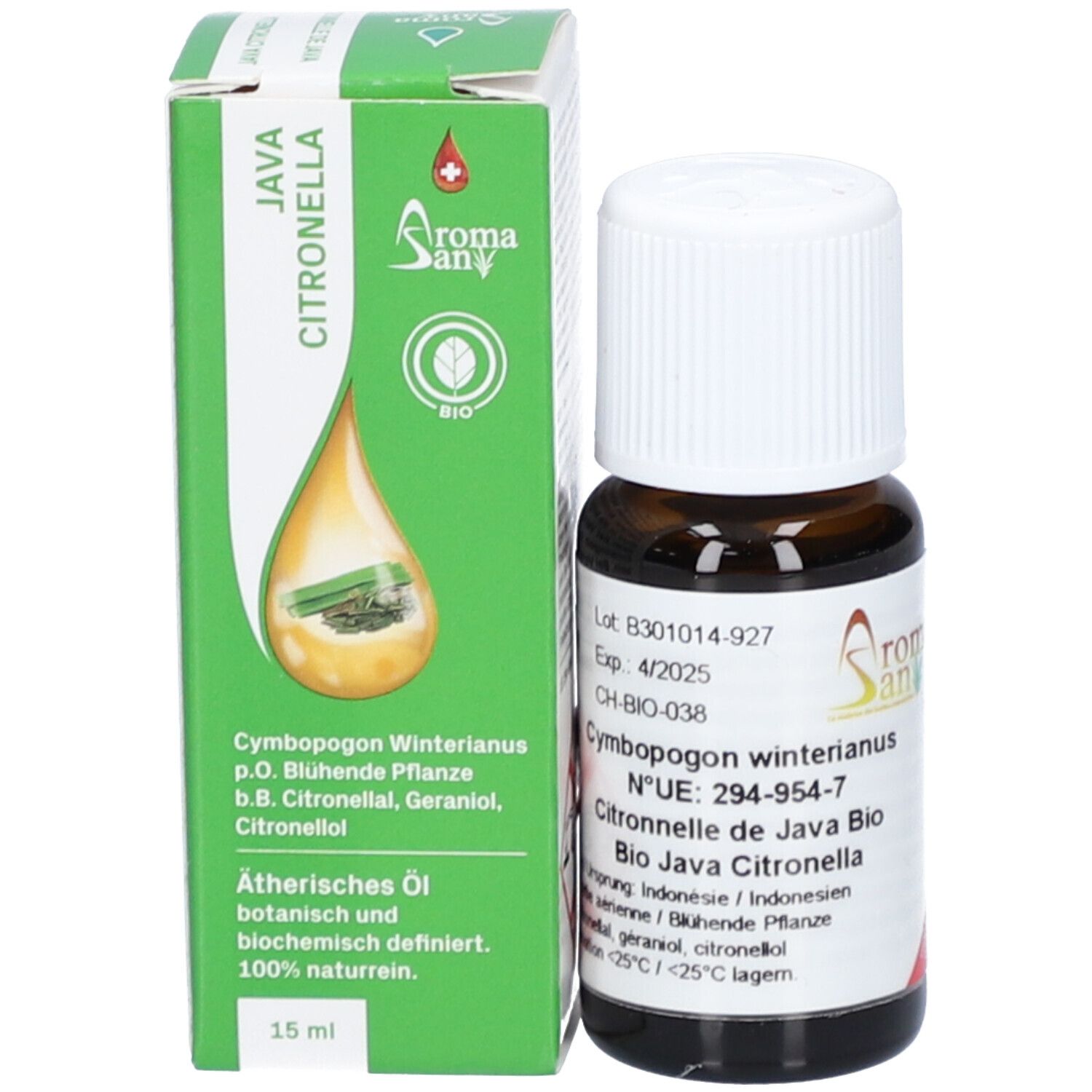 Emballage du produit et flacon en verre brun avec bouchon à vis blanc. Emballage avec illustration du produit et informations. Marque : Aromasan. Huile essentielle Citronella java bio.