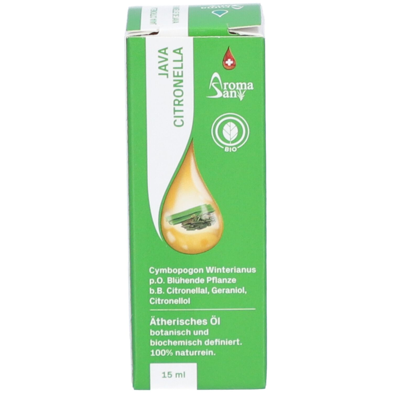 Emballage du produit avec illustration et informations. Marque : Aromasan. Contient de l'huile essentielle Citronella java bio. Flacon non visible.