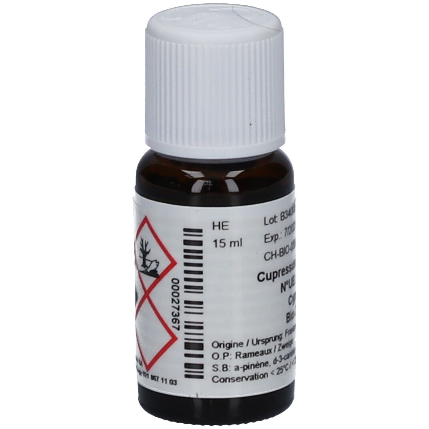 Flacon en verre brun avec bouchon blanc. Étiquette avec informations et symboles de danger. 15 ml.