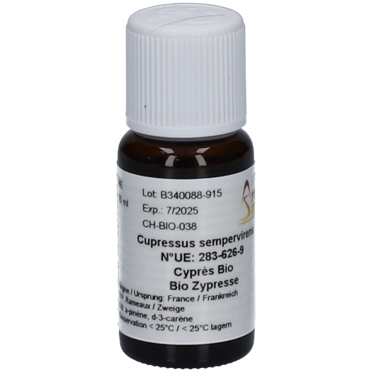 Flacon en verre brun avec bouchon blanc. Étiquette avec informations produit. 10 ml.