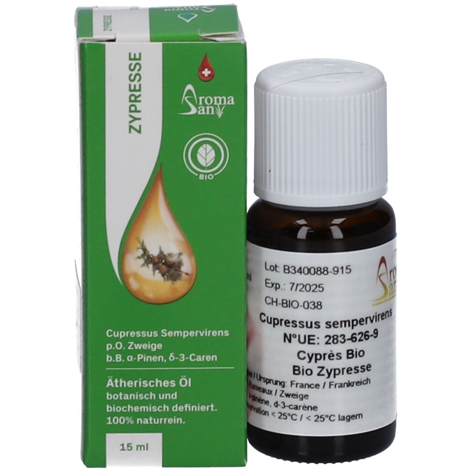 Flacon en verre brun avec bouchon blanc et emballage vert. Informations produit et logo Aromasan. 15 ml.