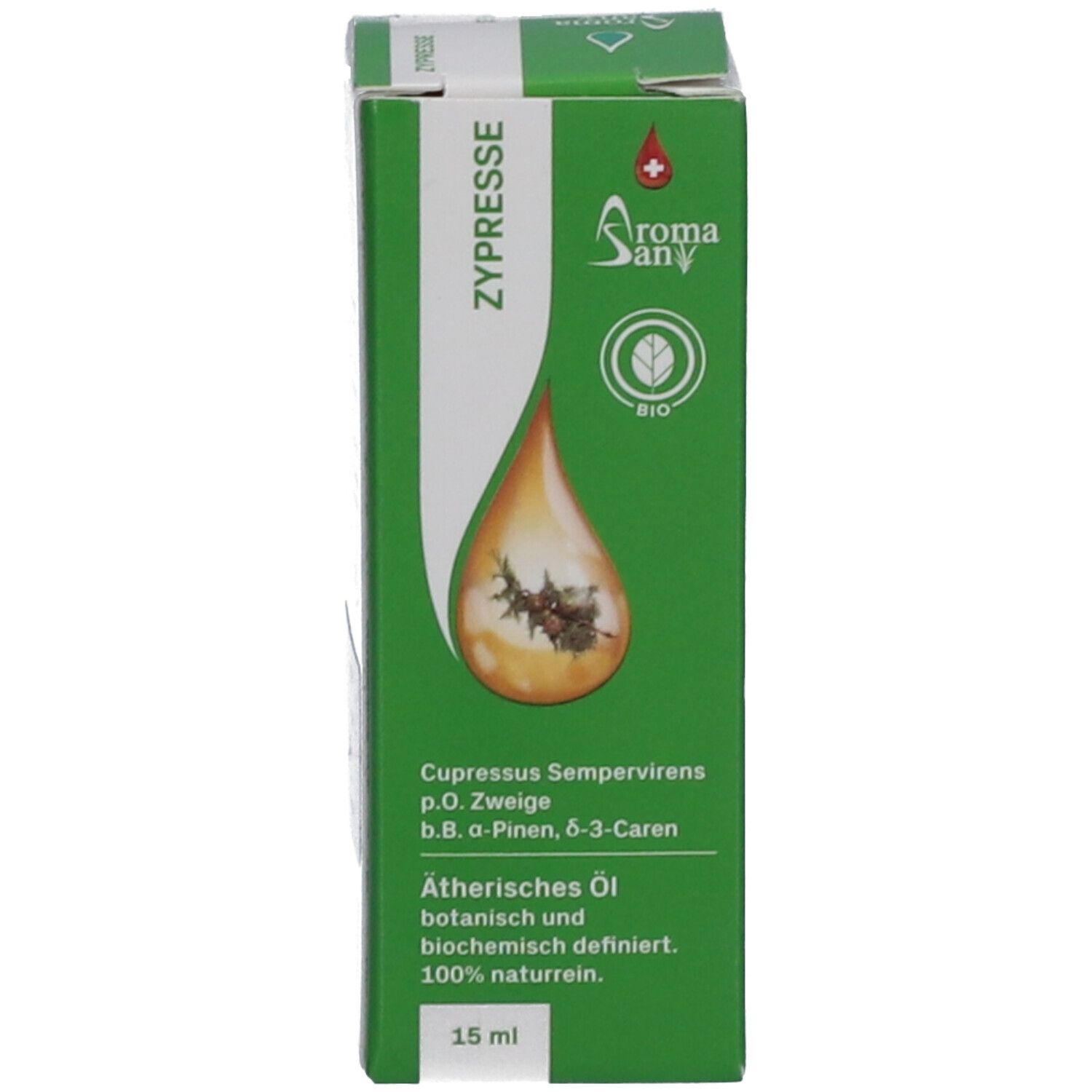 Emballage vert avec informations produit et logo Aromasan. 15 ml.
