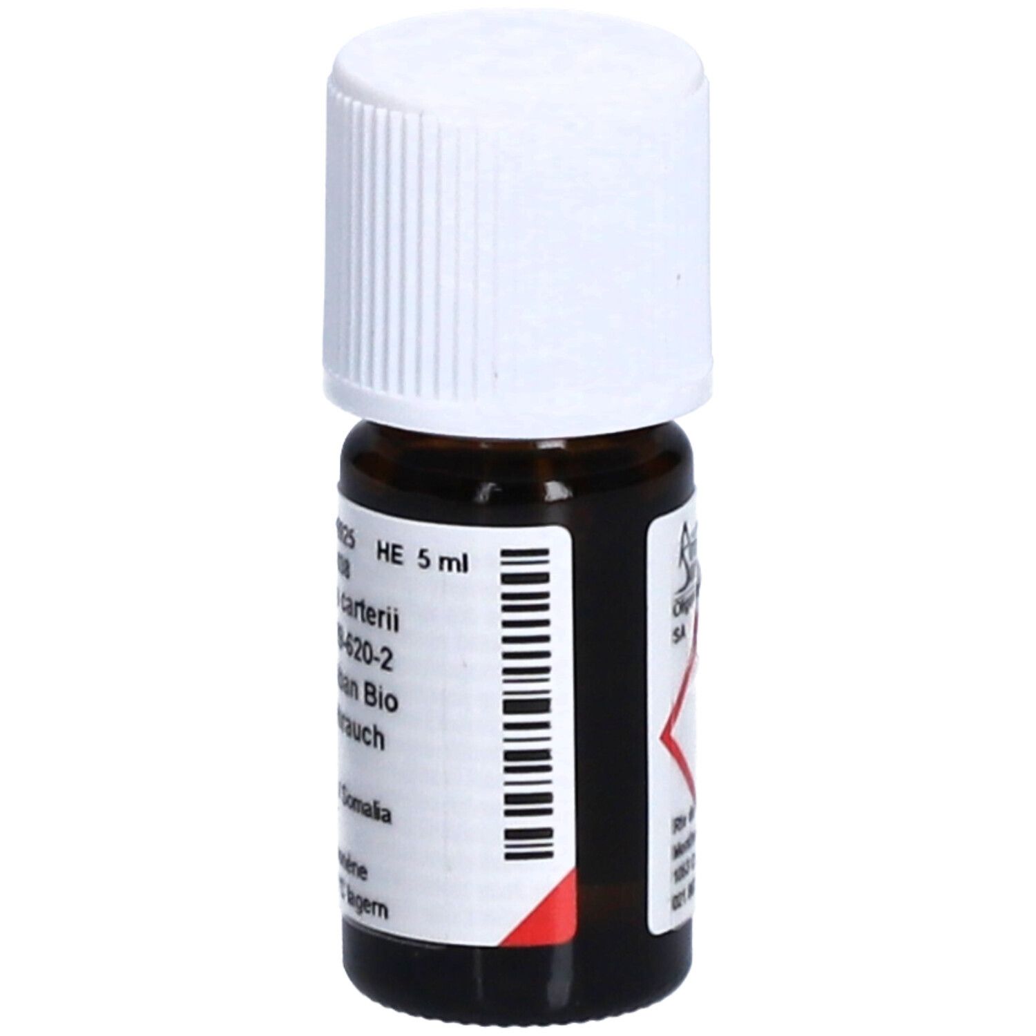 Flacon en verre brun avec bouchon blanc. Étiquette avec code-barres et texte: HE 5 ml, CH-BIO-038, Boswellia carterii, Encens oliban Bio, Bio Weihrauch.