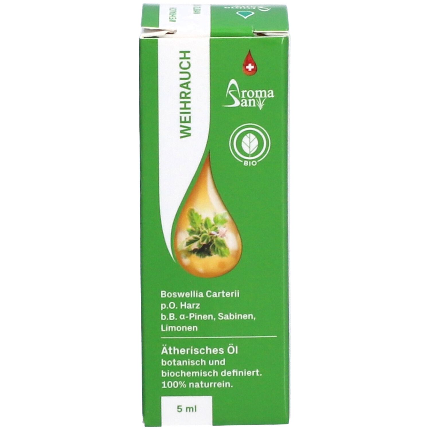 Emballage vert avec flacon en verre brun et bouchon blanc. Emballage avec logo, texte: AromaSan, Bio, Weihrauch, Ätherisches Öl, 5 ml.