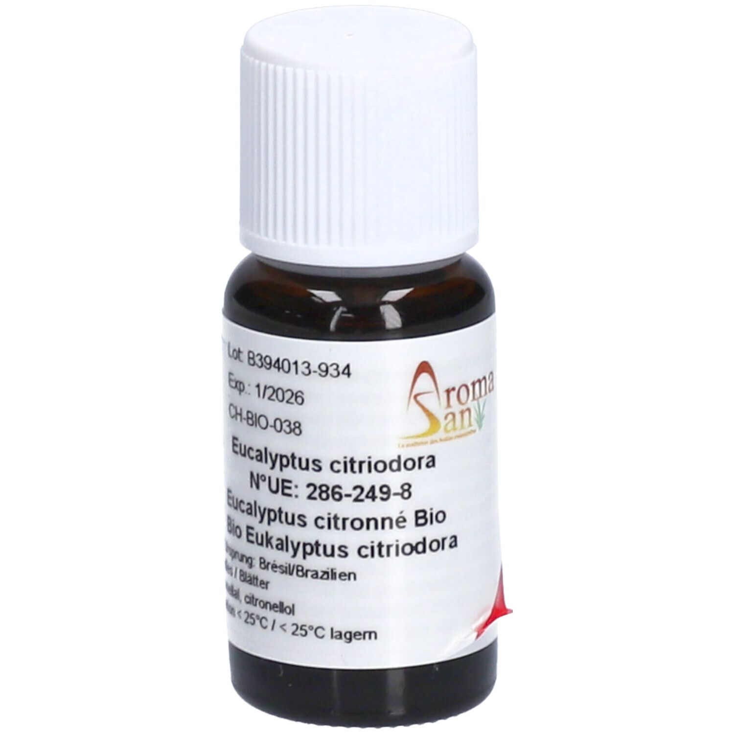 Flacon en verre brun avec bouchon blanc. Étiquette avec informations produit et logo Aromasan.