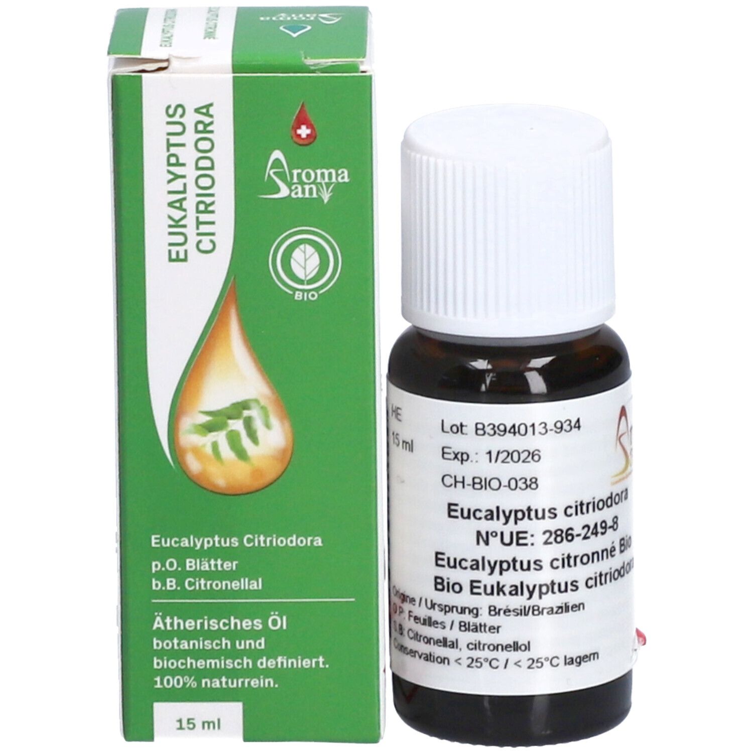 Emballage vert avec flacon. Flacon avec bouchon blanc. Étiquette avec informations produit.