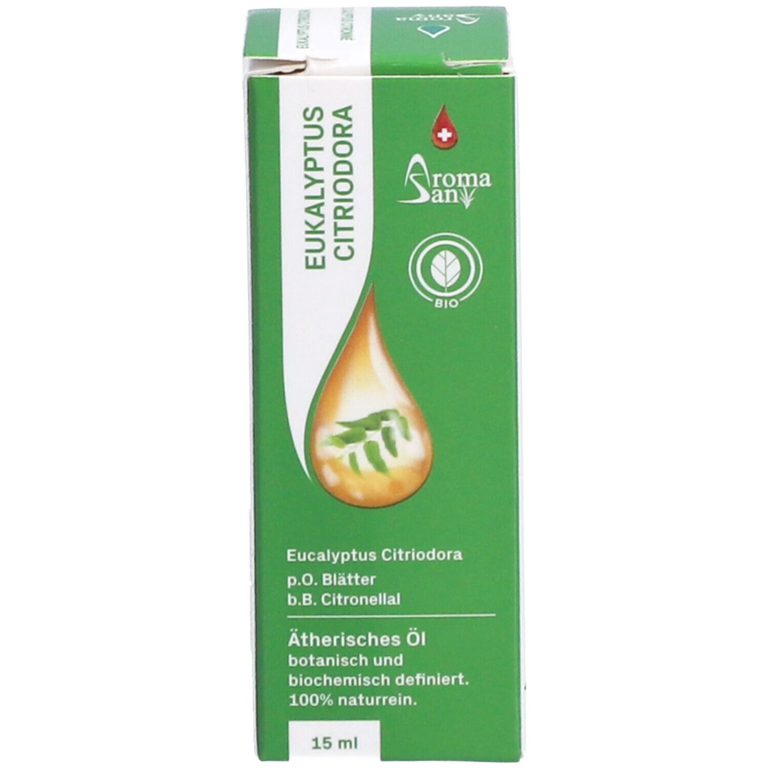 Emballage vert avec illustration et texte. Logo Aromasan et label Bio.