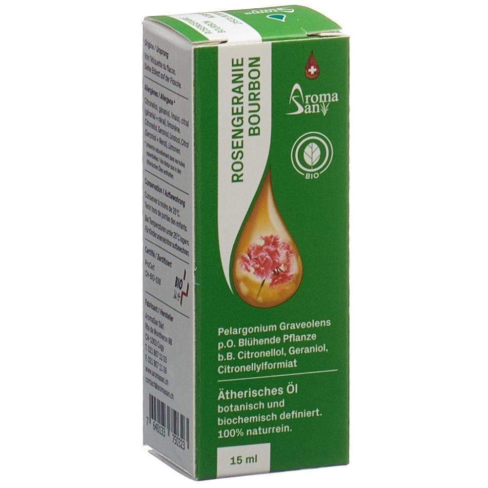 Boîte verte AromaSan ROSENGERANIE BOURBON. Design goutte avec fleur. Label Bio. Texte en allemand.