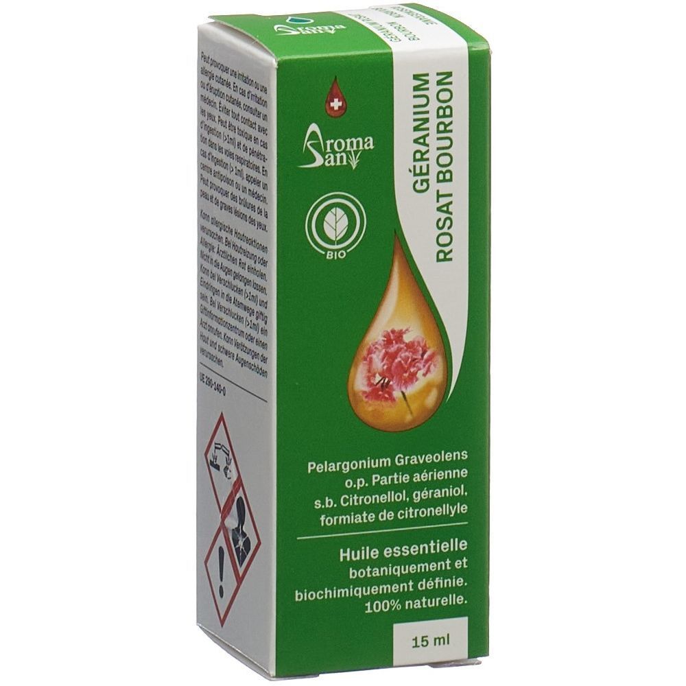 Boîte verte AromaSan GÉRANIUM ROSAT BOURBON. Design goutte avec fleur. Texte en français.