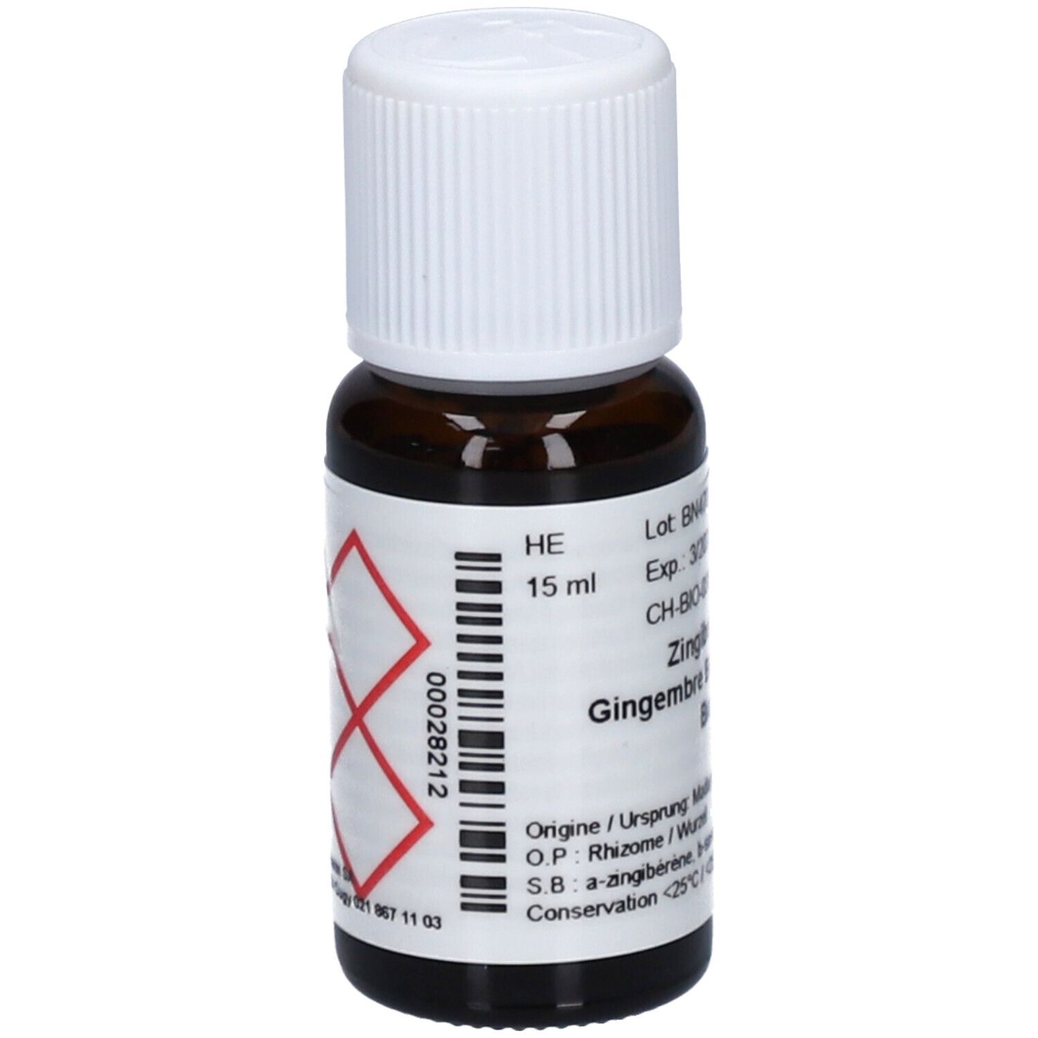 Flacon en verre brun avec bouchon blanc. Étiquette avec texte et symboles de danger. 15 ml.