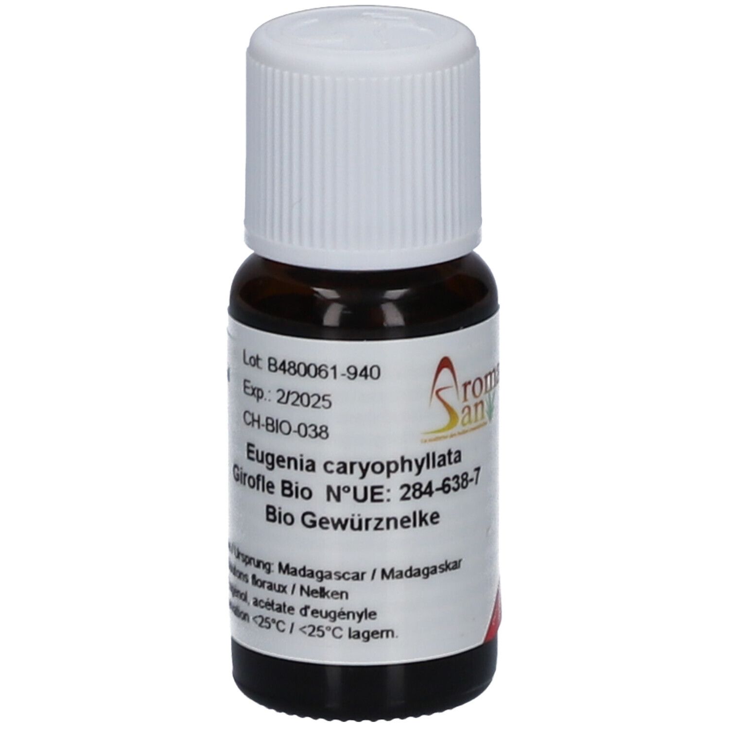 Flacon en verre brun avec bouchon blanc. Étiquette avec informations produit et logo Aromasan. Texte: Eugenia caryophyllata, Bio Gewürznelke.