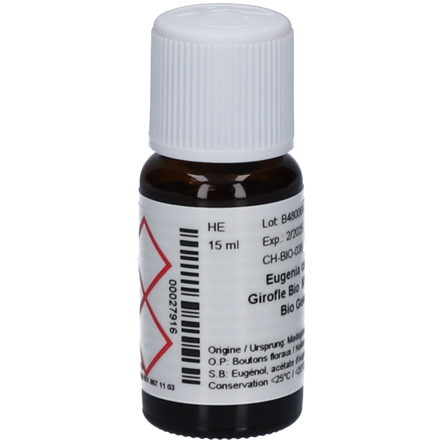 Flacon en verre brun avec bouchon blanc. Étiquette avec informations produit, 15 ml et symboles de danger. Texte: Eugenia caryophyllata, Bio Gewürznelke.