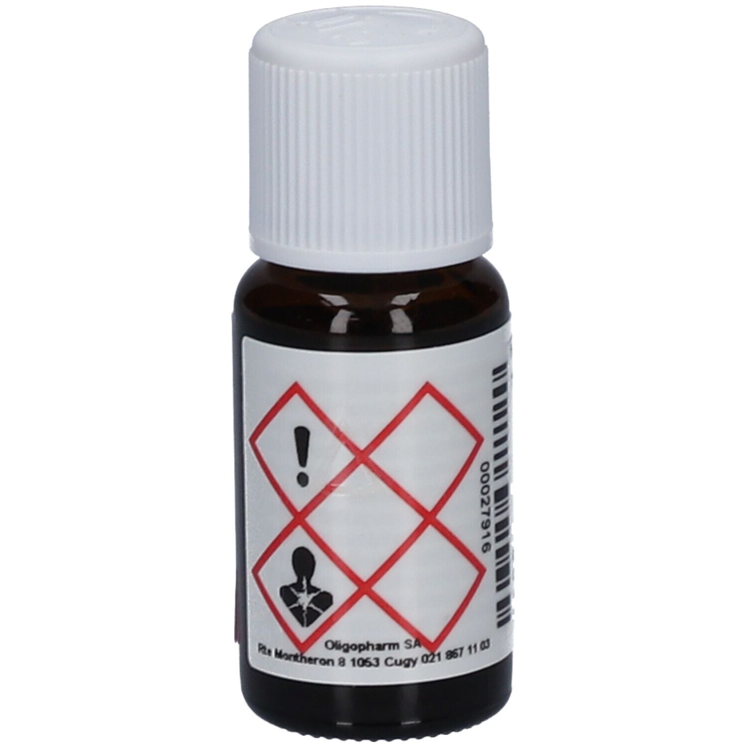 Flacon en verre brun avec bouchon blanc. Étiquette avec symboles de danger et adresse Oligopharm. Texte: Eugenia caryophyllata, Bio Gewürznelke.