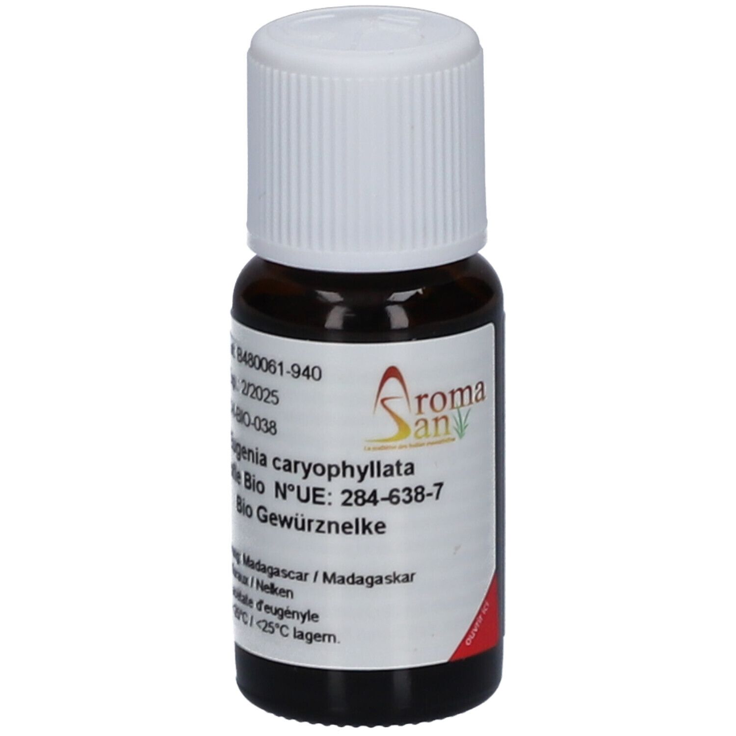 Flacon en verre brun avec bouchon blanc. Étiquette avec informations produit et logo Aromasan. Texte: Eugenia caryophyllata, Bio Gewürznelke.
