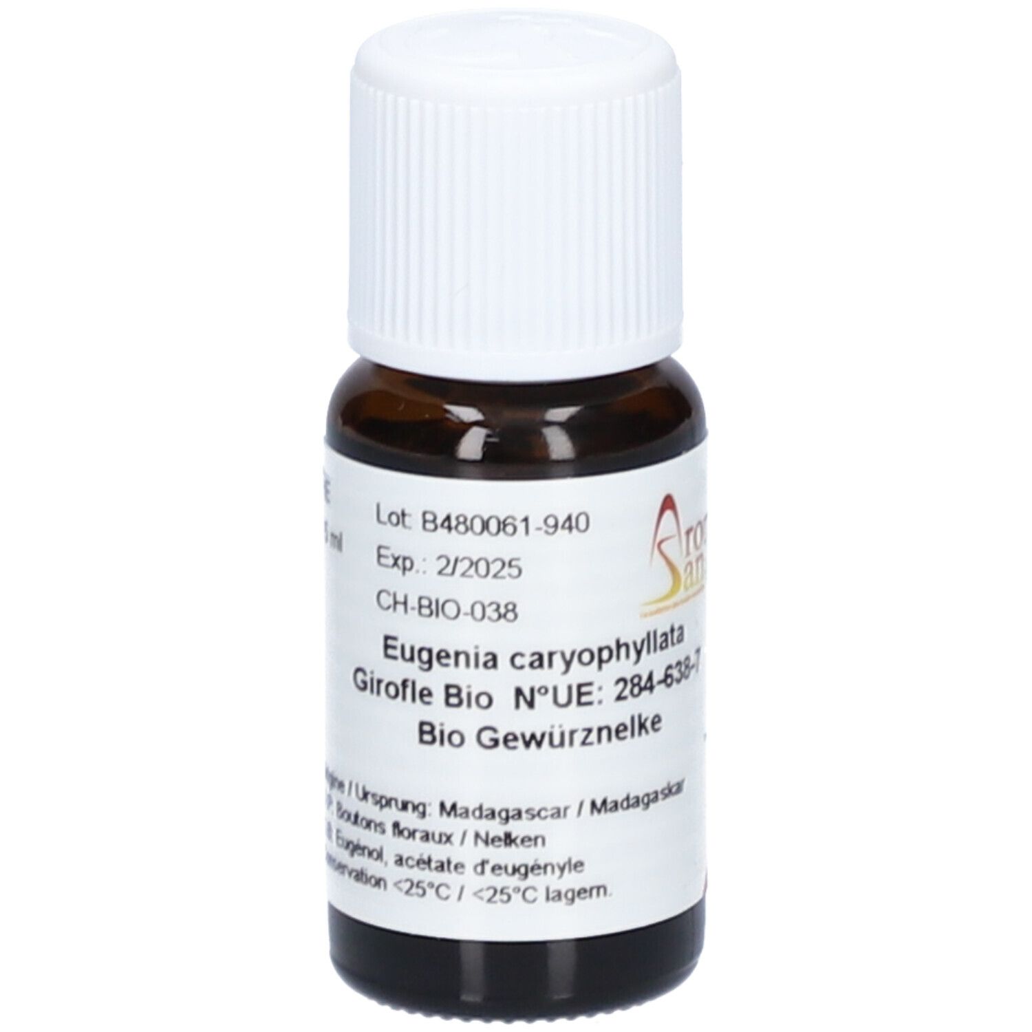 Flacon en verre brun avec bouchon blanc. Étiquette avec informations produit et logo Aromasan. Texte: Eugenia caryophyllata, Bio Gewürznelke.