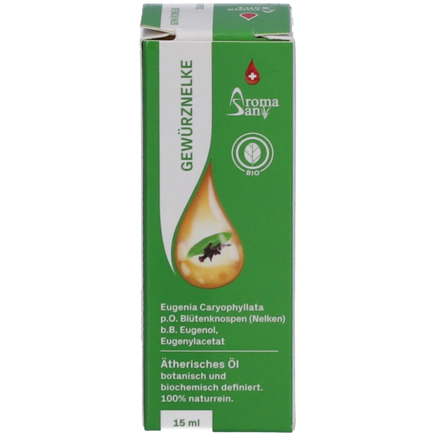 Emballage vert avec informations produit et logo Aromasan. Texte: Bio Gewürznelke, Huile essentielle, 15 ml.