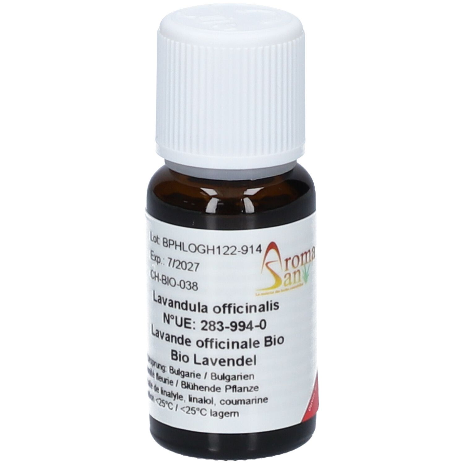 Flacon en verre brun avec bouchon blanc. Étiquette avec informations produit. Logo Aromasan. CH-BIO-038. Lavandula officinalis.