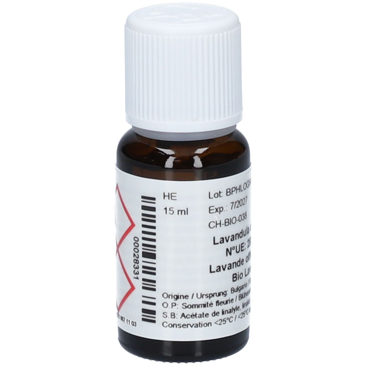 Flacon en verre brun avec bouchon blanc. Étiquette avec informations produit. 15 ml. Symboles de danger. Logo Aromasan. Lavandula officinalis.