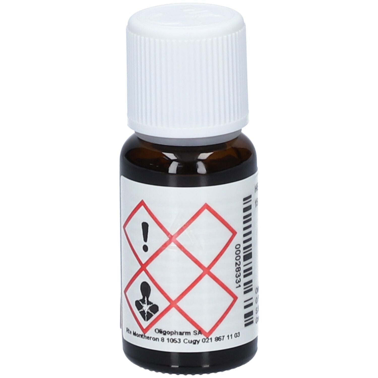 Flacon en verre brun avec bouchon blanc. Étiquette avec symboles de danger. Logo Aromasan. Oligopharm SA. Lavandula officinalis.