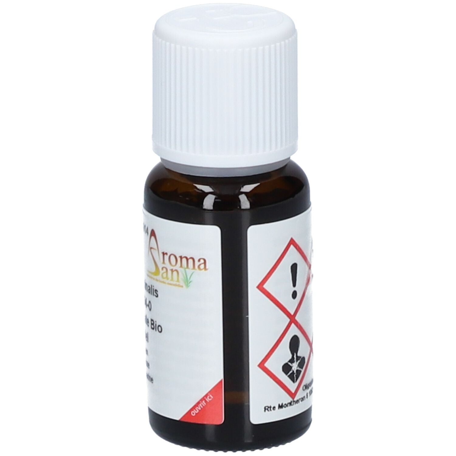 Flacon en verre brun avec bouchon blanc. Étiquette avec symboles de danger. Logo Aromasan. Lavandula officinalis. Coin rouge.