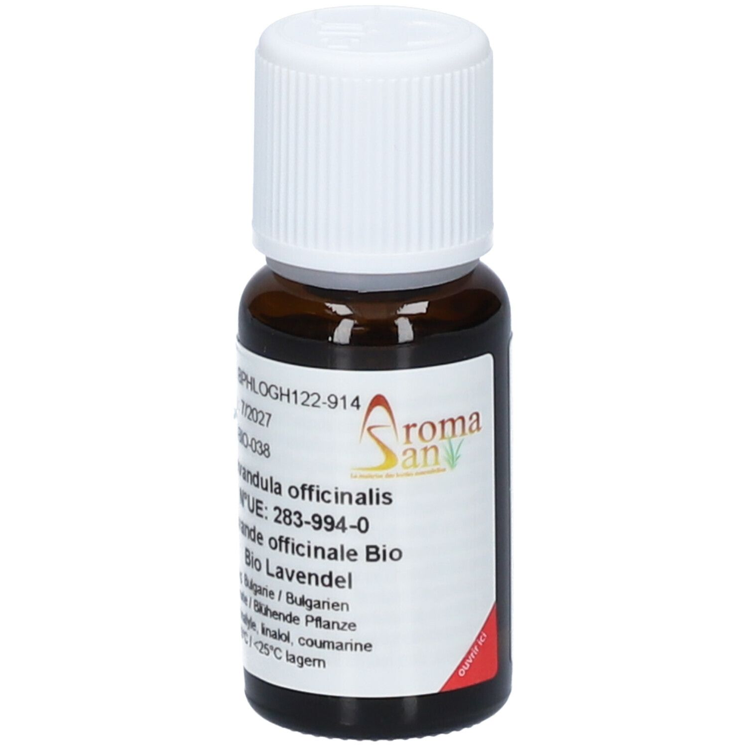 Flacon en verre brun avec bouchon blanc. Étiquette avec informations produit. Logo Aromasan. Lavandula officinalis. Coin rouge.