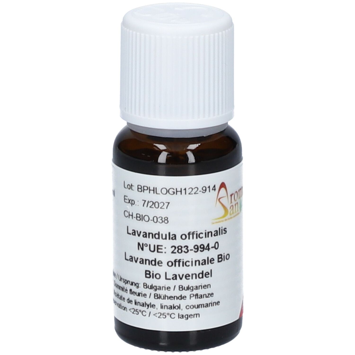 Flacon en verre brun avec bouchon blanc. Étiquette avec informations produit. Logo Aromasan. Lavandula officinalis. Coin rouge.
