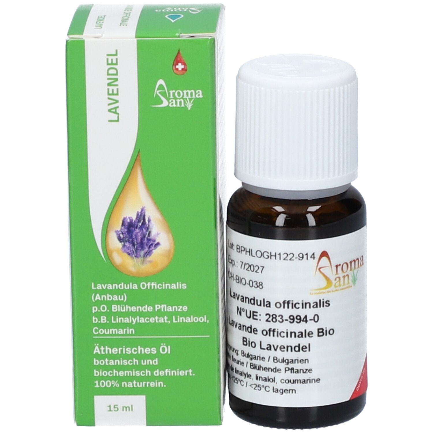Flacon en verre brun avec bouchon blanc et emballage vert. Logo Aromasan. Lavande. 15 ml. Huile essentielle.