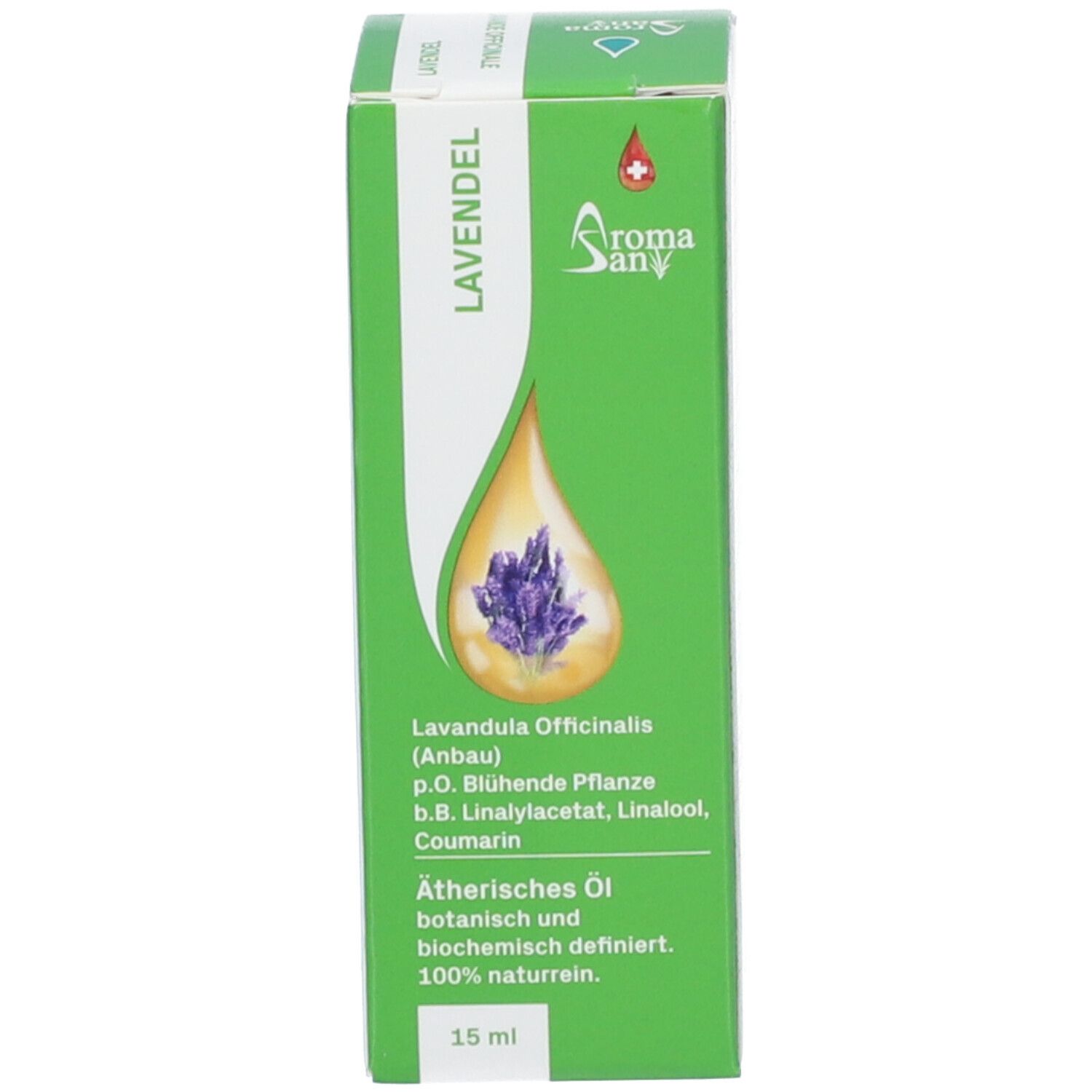 Emballage vert avec flacon en verre brun. Logo Aromasan. Lavande. 15 ml. Huile essentielle. Lavandula Officinalis.