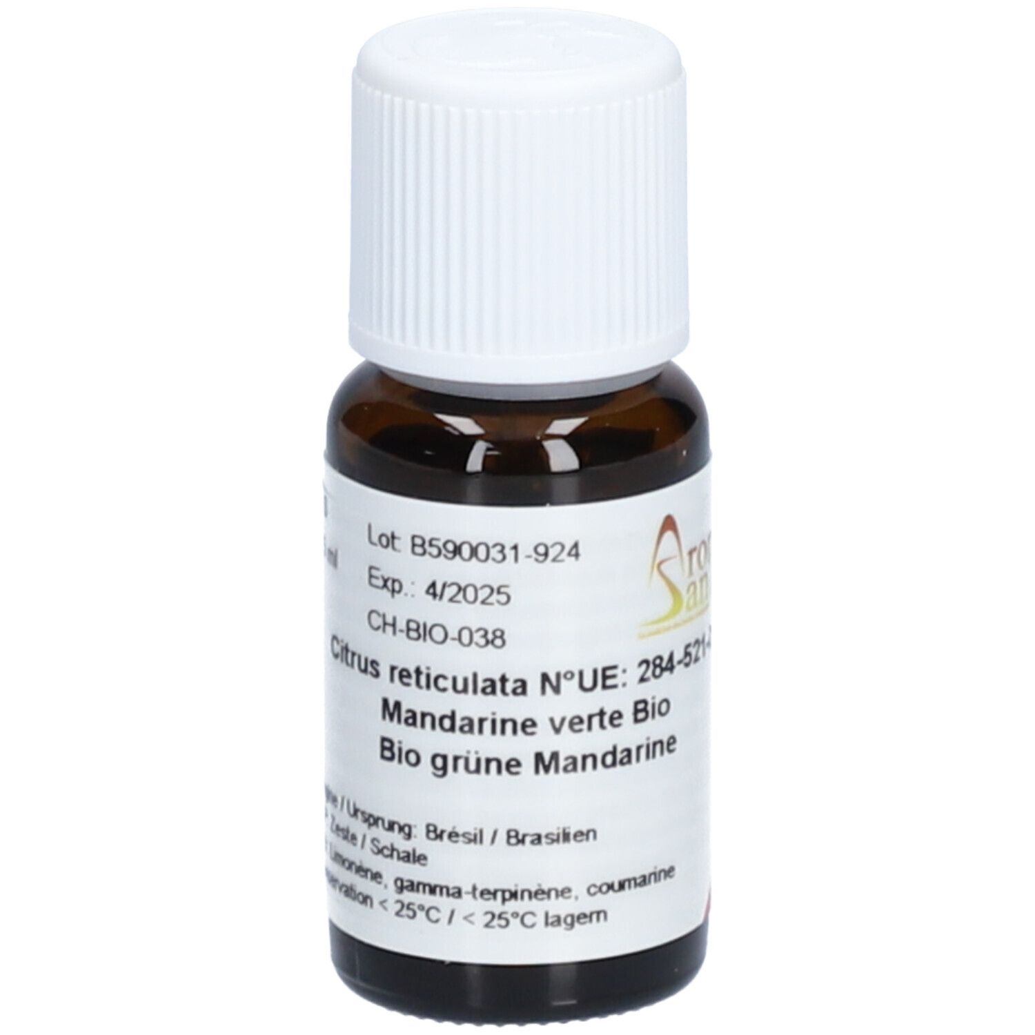 Flacon en verre brun avec bouchon blanc. Étiquette avec informations produit. Logo Aromasan et texte: Bio grüne Mandarine.