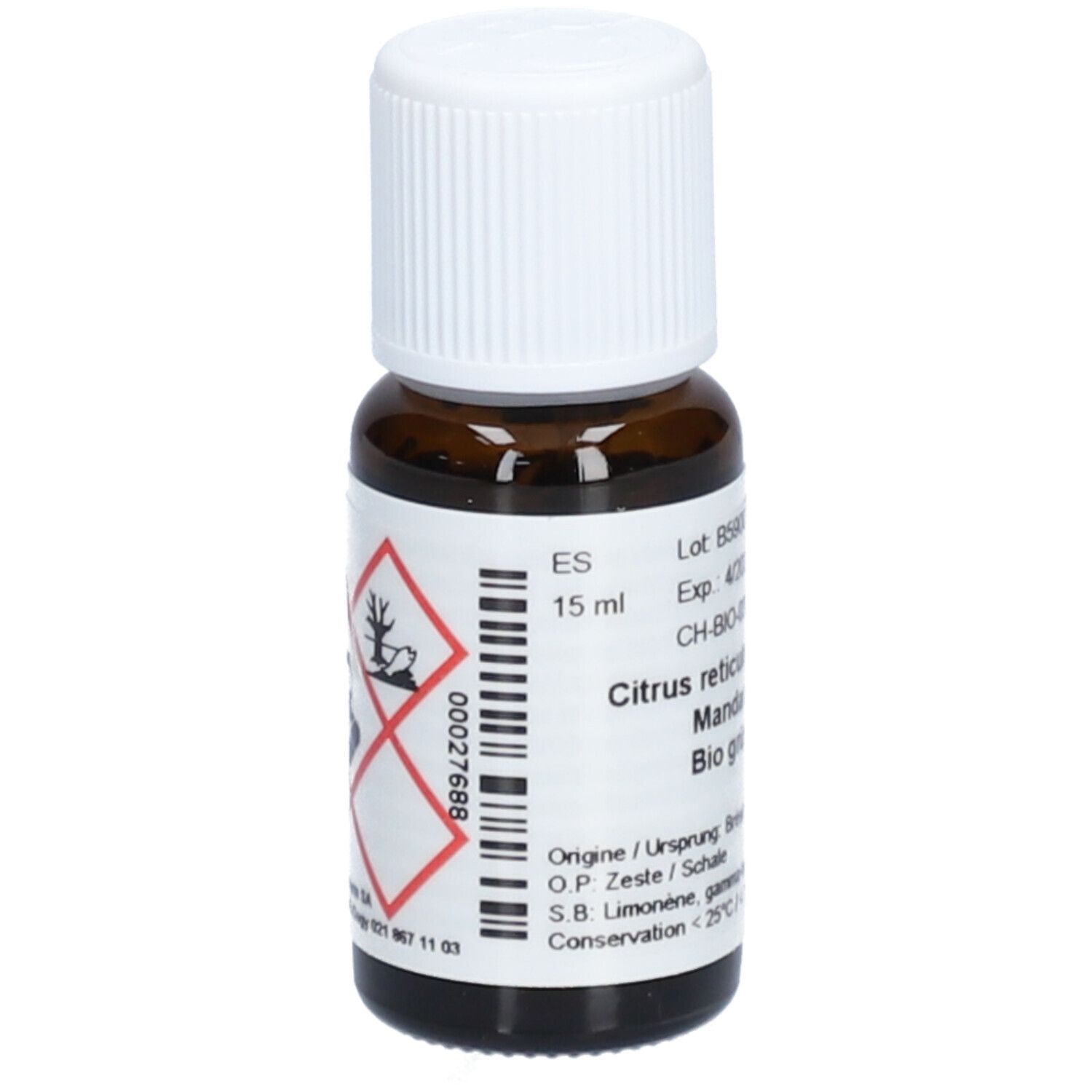 Flacon en verre brun avec bouchon blanc. Étiquette avec symboles d'avertissement et informations produit. 15 ml.
