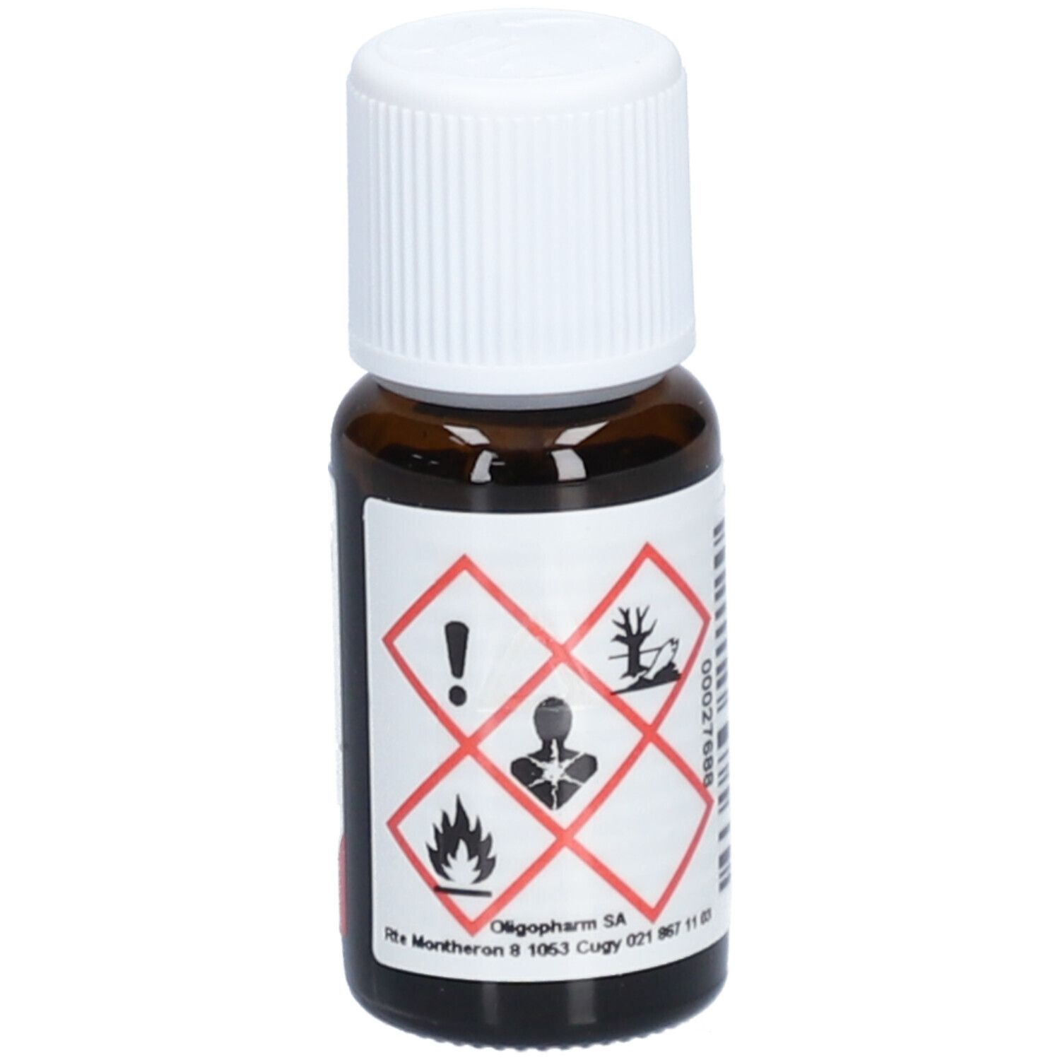 Flacon en verre brun avec bouchon blanc. Étiquette avec symboles d'avertissement. Oligopharm SA. Symboles de danger.