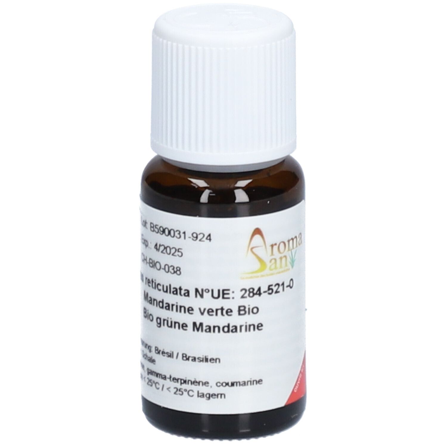 Flacon en verre brun avec bouchon blanc. Étiquette avec informations produit. Logo Aromasan et texte: Bio grüne Mandarine.