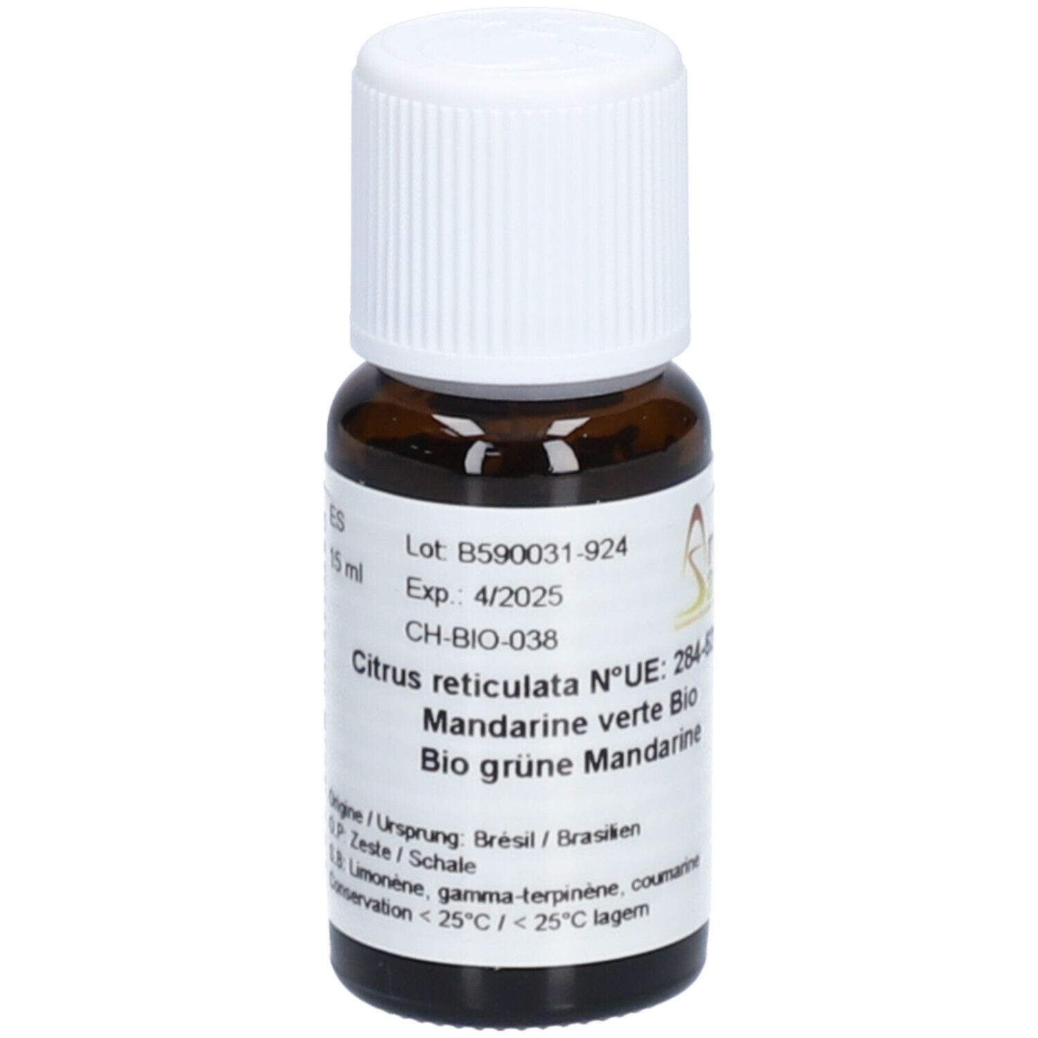 Flacon en verre brun avec bouchon blanc. Étiquette avec informations produit. 15 ml. Logo Aromasan et texte: Bio grüne Mandarine.