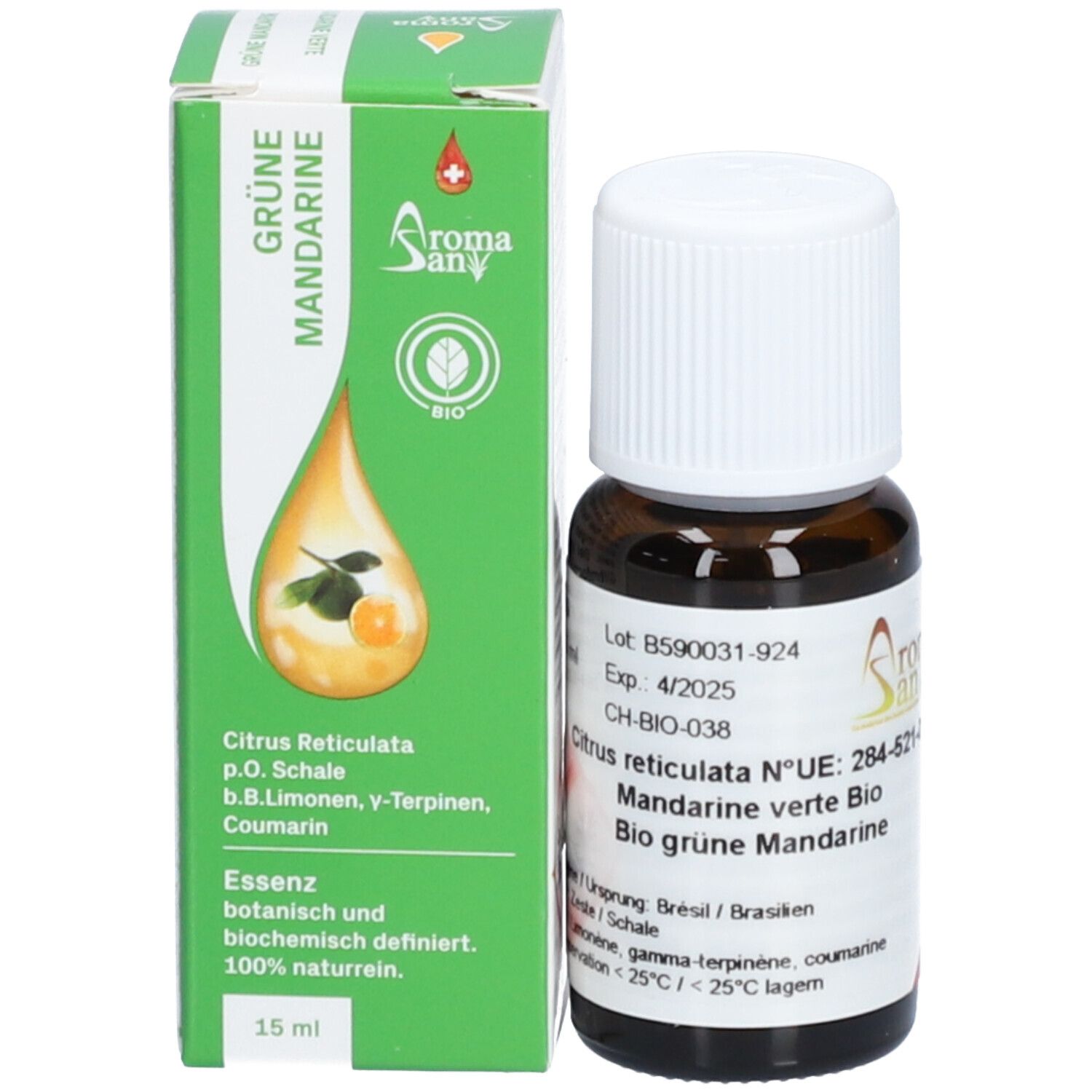 Flacon en verre brun et boîte verte. Boîte avec image du produit et texte: Grüne Mandarine. 15 ml.
