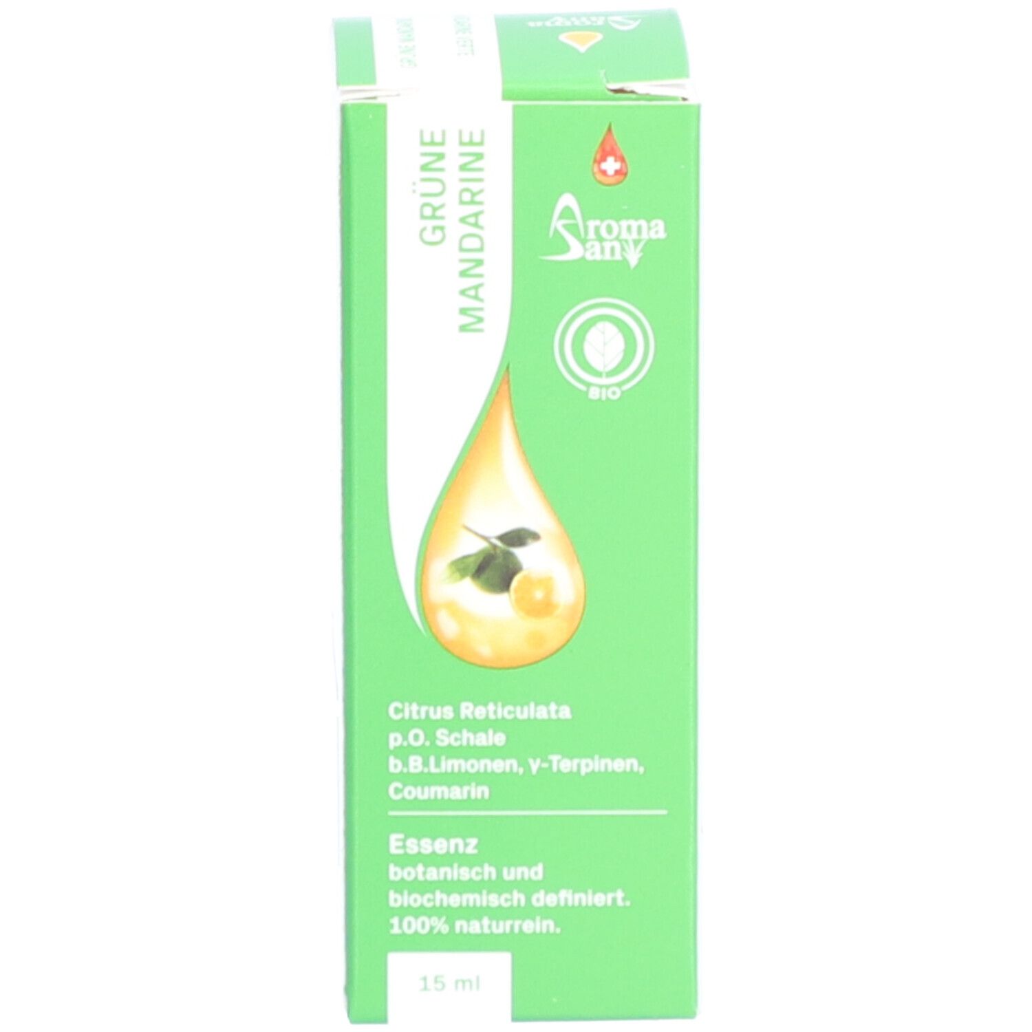 Boîte verte avec image du produit et texte: Grüne Mandarine. Logo Aromasan. 15 ml. Essenz botanisch definiert.