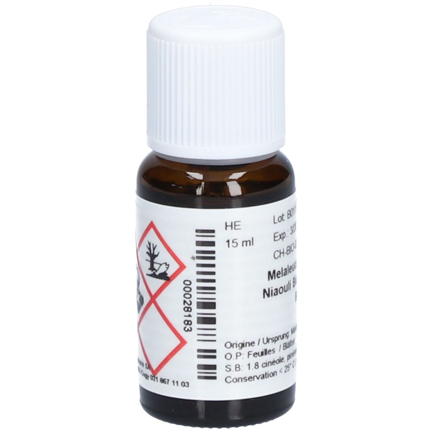 Flacon en verre brun avec bouchon blanc. Étiquette avec symboles de danger et informations produit.