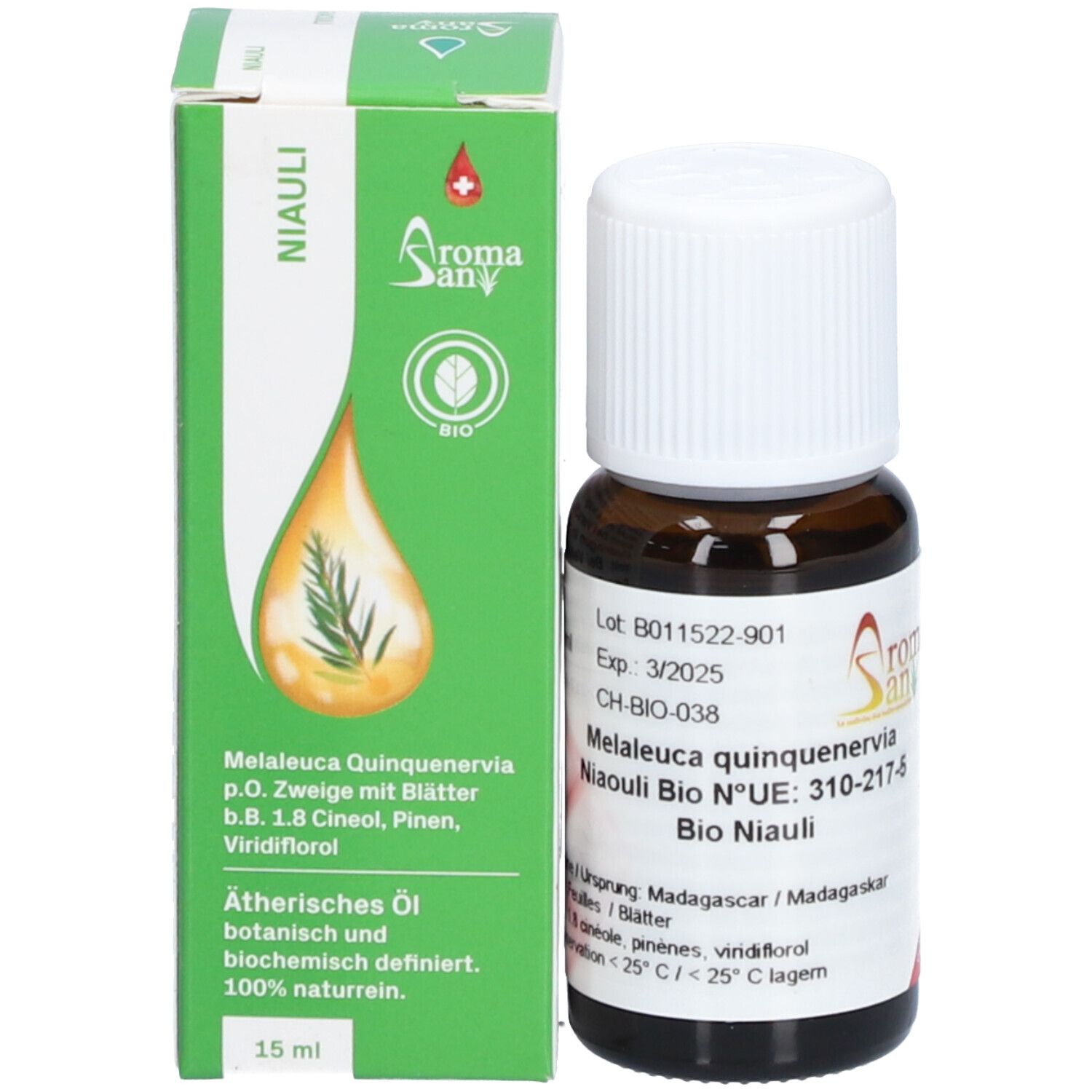 Flacon en verre brun avec bouchon blanc et emballage vert. Emballage avec informations produit et label BIO.